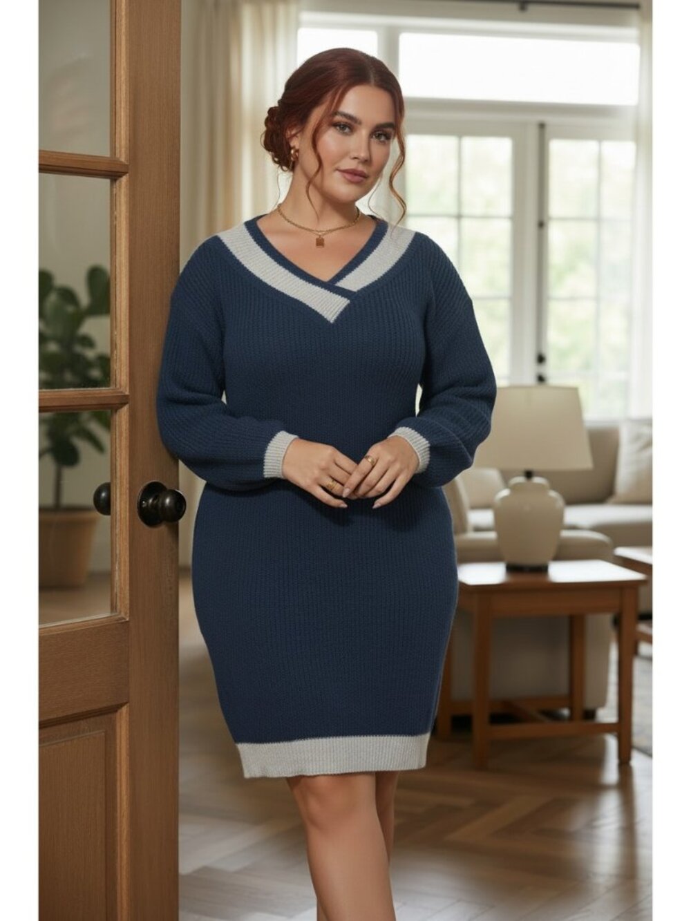 Contrast Varsity Stripe V-Neck Knee Length Knit Mini Plus Size Sweater Dress